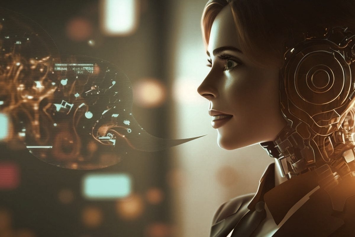 A stylised humanoid AI figure in profile with data flowing from its speech